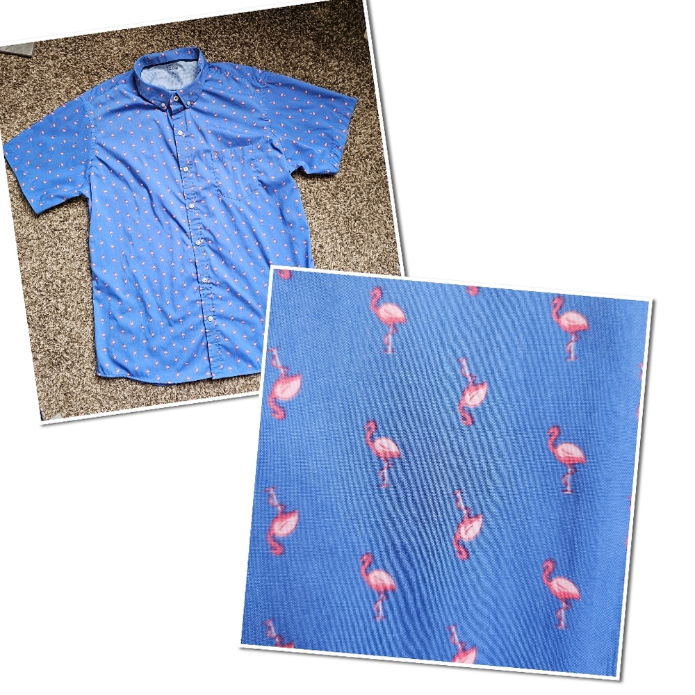 IZOD Men's Blue With Pink Flamingo Print Button Down Short Sleeve Shirt Size XL
